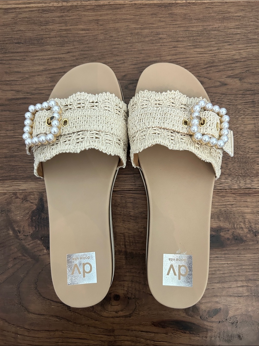 DV by Dolce Vita Cream Crochet Slide Sandals with Pearl Buckle